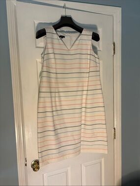 Talbots Cream Sleeveless Midi Dress with Pastel Pink and Blue Stripes